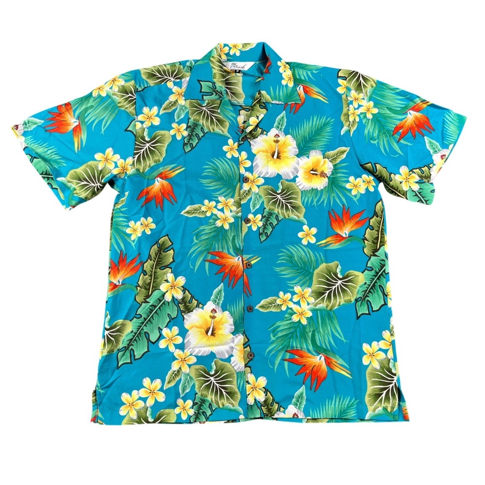 Alvish Mens Tropical Floral Hawaiian Shirt Turquoise Blue Hibiscus Size Medium